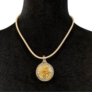 Glass Pendant Chord Necklace Adjustable Length Neutral tones Cream Green